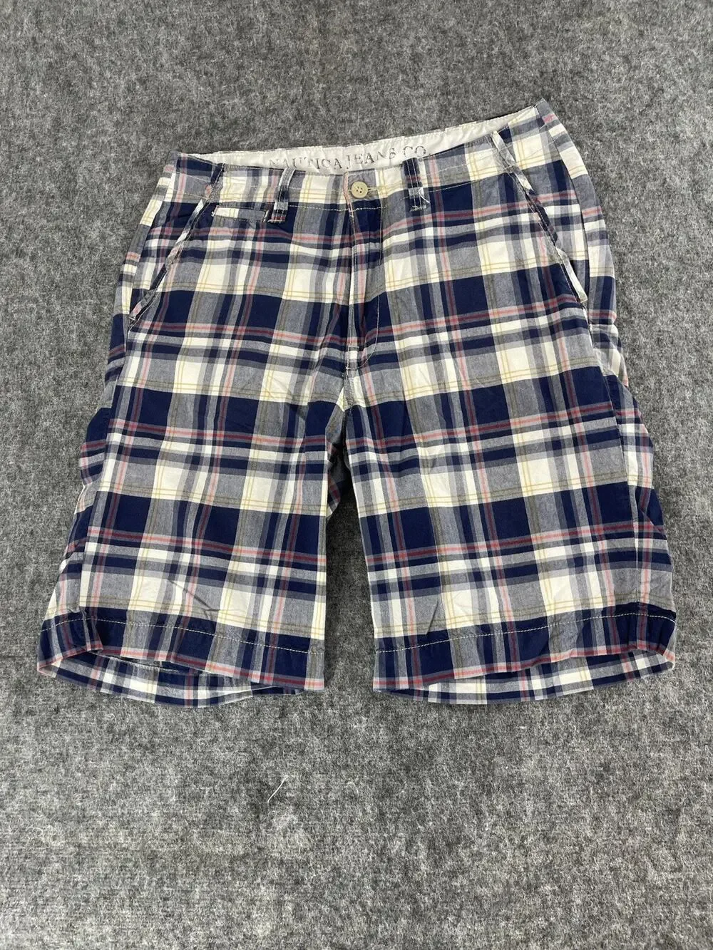 Nautica Men’s Navy, White & Red Plaid Flat Front Shorts